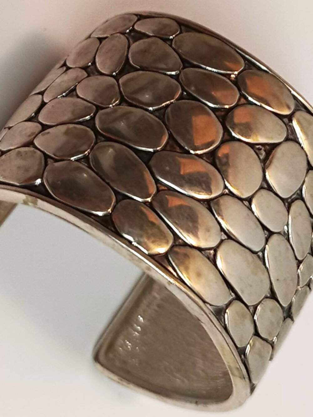 Silver tone pebbled cuff bracelet. Heavy duty, vintage piece.
